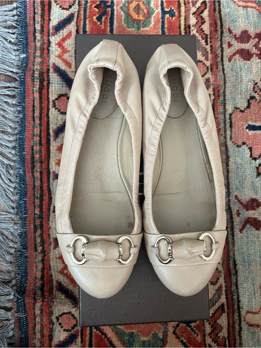 Gucci Beige Leather Horsebit Ballet Flats